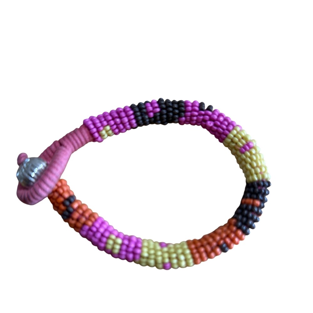 Handmade Beaded Rope Bracelet Pink Orange Yellow Seed Bead Boho Button Closure